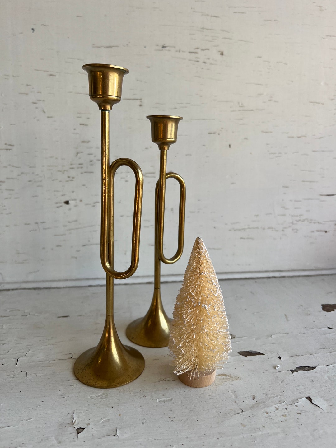 Vintage Brass Horn Candlestick Holders PAIR Trumpet Etsy