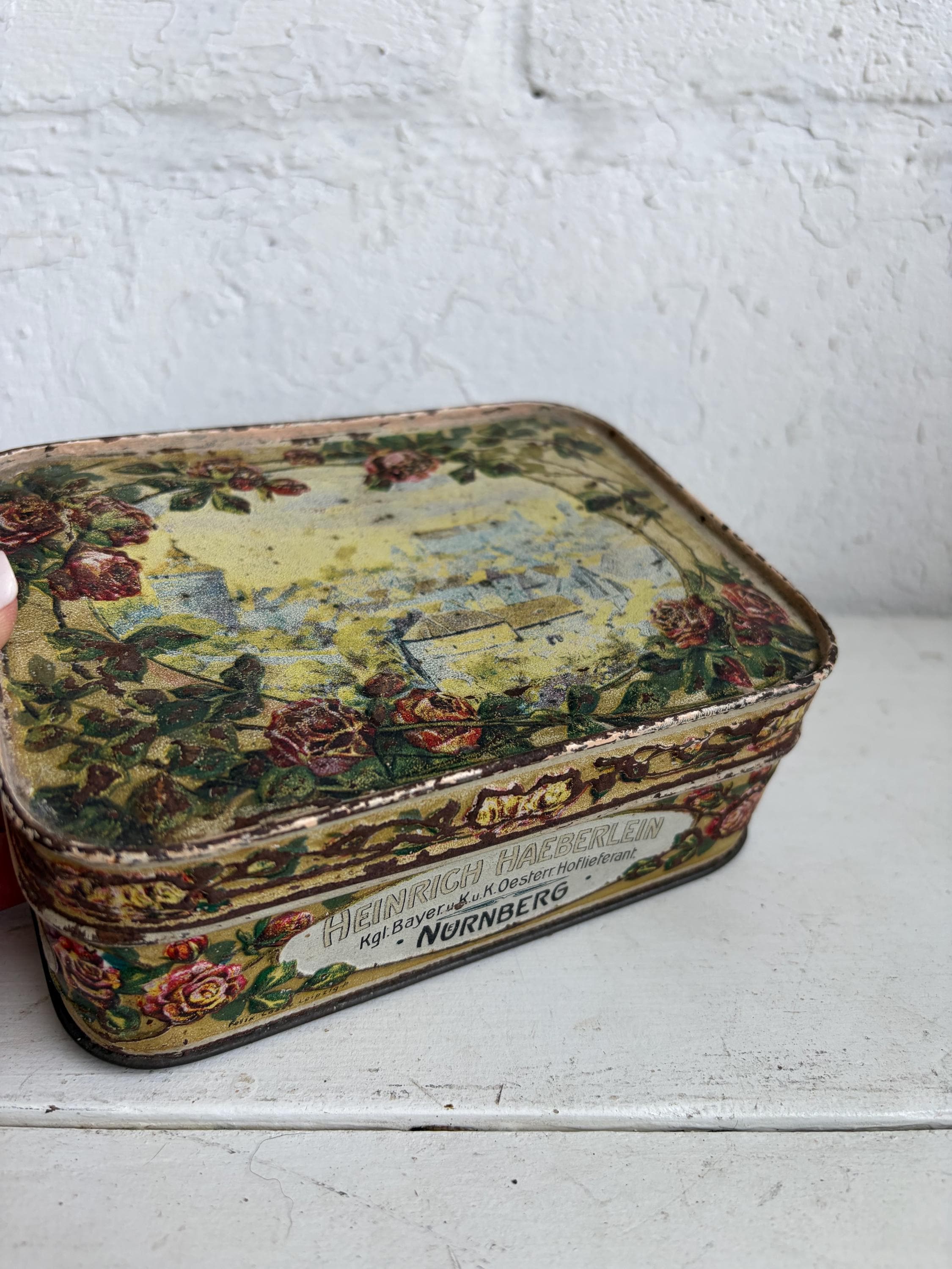 Antique Heinrich Haeberlein Nürnberg Tin | Floral Biscuit Tin