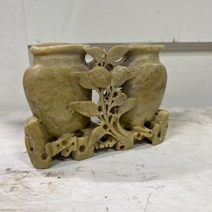Antique Hand Carved Soapstone Double Vase: 19th Century Chinese Floral Carving
