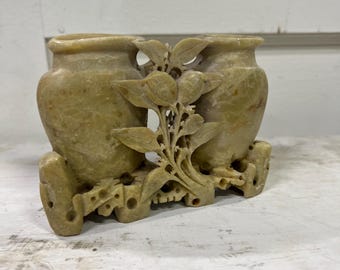 Antique Hand Carved Soapstone Double Vase: 19th Century Chinese Floral Carving