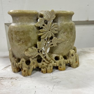 Antique Hand Carved Soapstone Double Vase: 19th Century Chinese Floral Carving