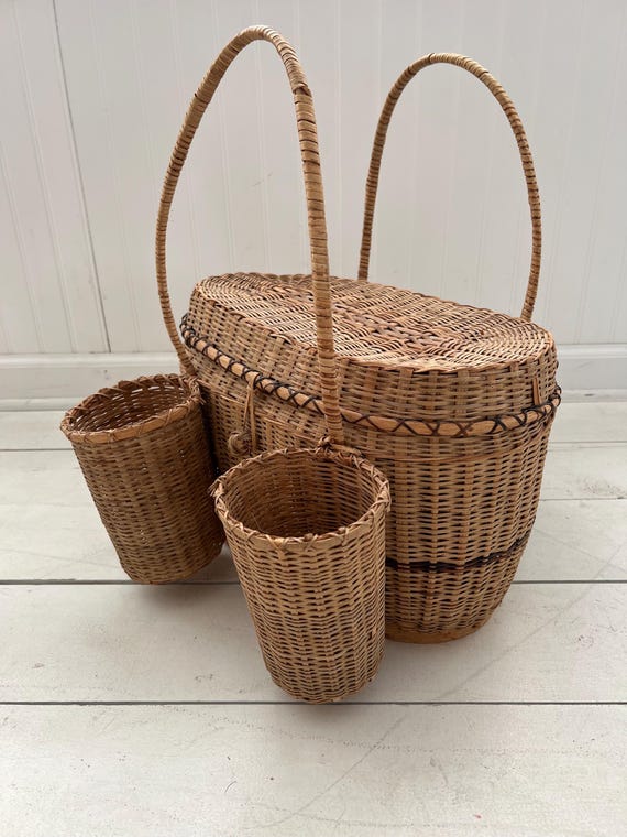 Vintage Woven Wicker Picnic Basket With Side Caddies
