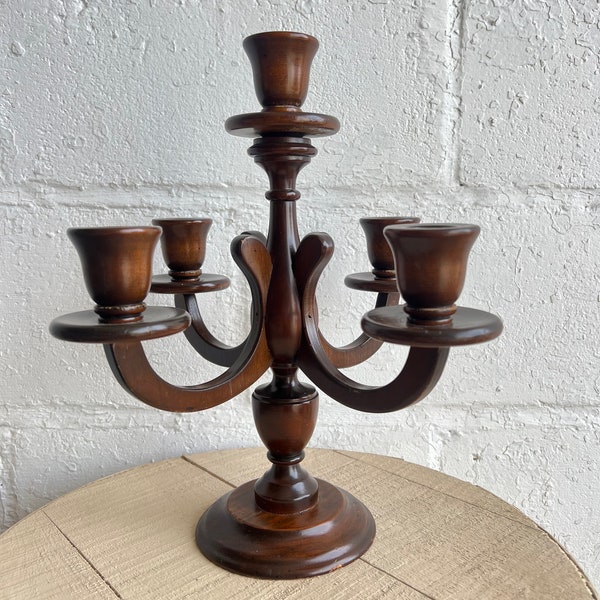 Vintage Mid-Century Wooden Candelabra 13" Tall, Dark Wood, 5-Arm Candelabra