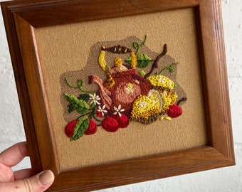 Vintage Retro Crewel Teapot & Fruit Embroidery Art, Framed 9"x10"