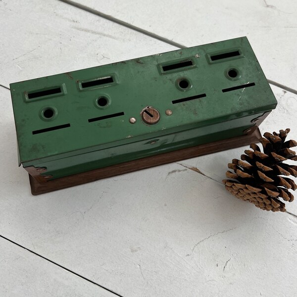 Vintage Metal Bank | 9" Home Budget Bank, Family Bank, 1930 Green & Wood Grain Metal | Cool Metal Bank