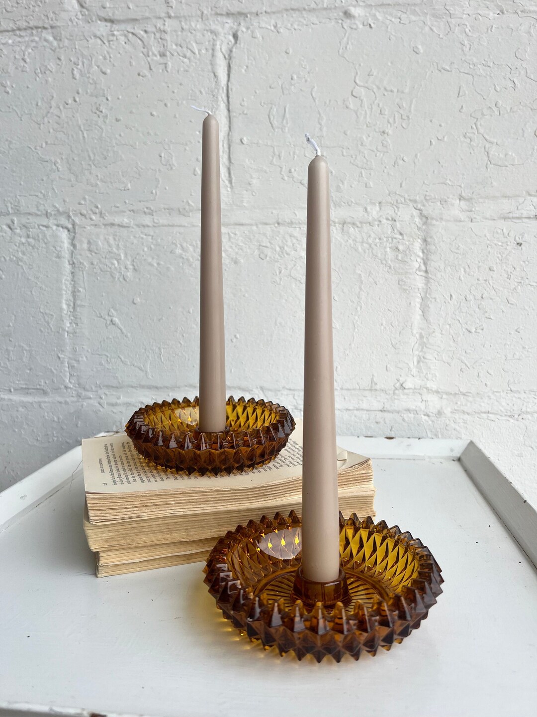 Vintage Amber Candle Holder pair Amber Decor Retro Candle Etsy