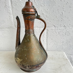 Antique Copper Pitcher: 13&quot; Middle Eastern Jug with Hinged Lid