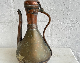 Antique Copper Pitcher: 13" Middle Eastern Jug with Hinged Lid