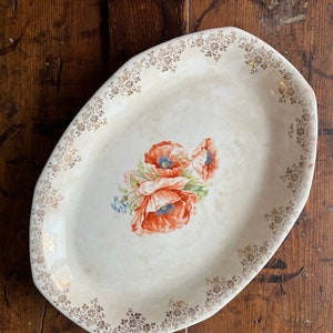 Vintage Homer Laughlin Floral & Gold Platter  | Large 15&quot; Antique Platter