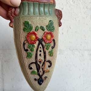 Vintage Hand Painted Wall Pocket Vase | Floral Relief Pottery | Folk Art Ceramic Wall Planter