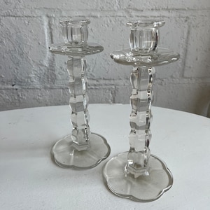Vintage Glass Candle Holder {PAIR}, 9.5&quot; Tall Flower Shaped Bottom Detail, Heavy