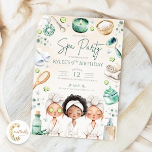 May include: Spa party invitation featuring watercolor illustrations of spa day elements like candles, towels, and cucumber slices. The invitation includes the text "Spa Party" and details for Rylee's 9th birthday, including date, time, and RSVP information.