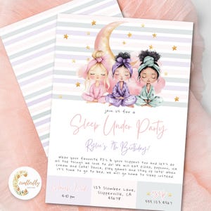 May include: A sleepover party invitation with a watercolor illustration of three girls in pajamas meditating under a crescent moon. The invitation includes the text "Sleep Under Party" and "Rylee's 7th Birthday!" with event details.