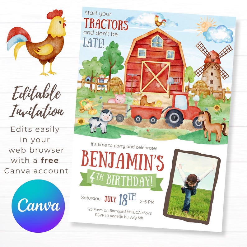 Farm Animals Birthday Invitation | Farm Tractors | Editable Canva ...