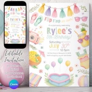 May include: A digital smartphone invitation and a matching print invitation for a pool party. The invitation features watercolor illustrations of flip-flops, sunglasses, a camera, and a heart-shaped pool. The text reads "Rylee's 5th Birthday!"