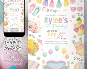 May include: A digital smartphone invitation and a matching print invitation for a pool party. The invitation features watercolor illustrations of flip-flops, sunglasses, a camera, and a heart-shaped pool. The text reads "Rylee's 5th Birthday!"