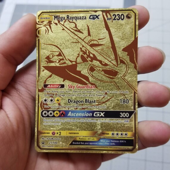 Mega Rayquaza Gx Full Art Gold Leaf Metallic Holo Custom Orica Etsy