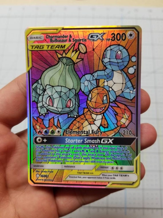 Charmander Squirtle Bulbasaur Gx Stained Glass Full Art Rainbow Holo Custom Orica Pokemon Card