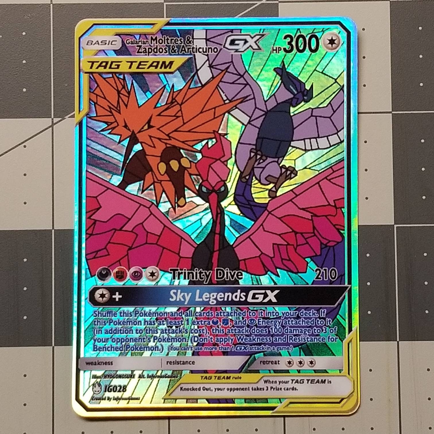 Galarian Moltres Zapdos Articuno GX Stained Glass Full Art Rainbow Holo Cus...