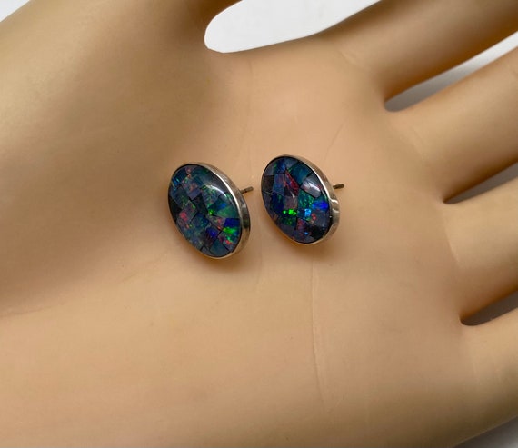 Vintage Mosaic Australian Fire Opal Stud Earrings… - image 3