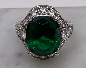 Jean Dousset Ring Emerald White CZ Sterling Silver Platinum Clad