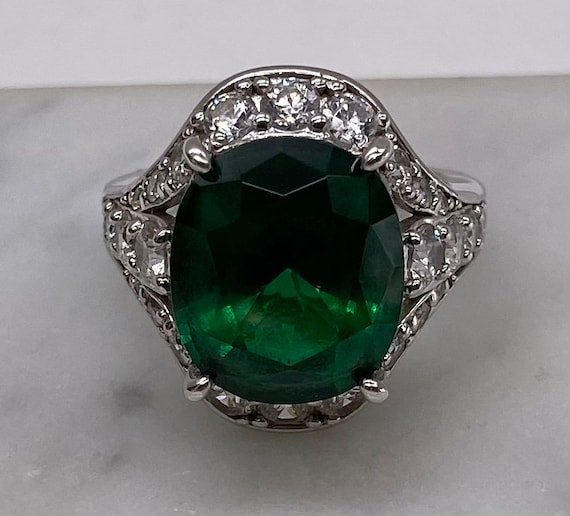 Jean Dousset Ring Emerald & White CZ Sterling Sil… - image 1
