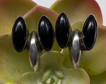 Art Deco Sterling Silver Modernist Black Onyx Screw/Clip Earrings