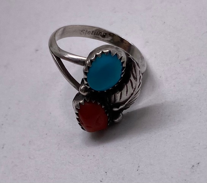 Vintage Navajo Sterling Silver Turquoise Coral Ring Size 7.5 - Etsy