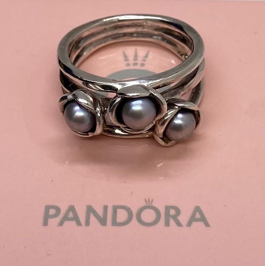 Authentic Pandora Sterling Silver Three Wishes Grey Pearl Ring