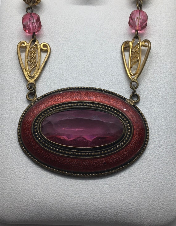 Antique Jewelry Czech Slovakia huge enamel & pink 