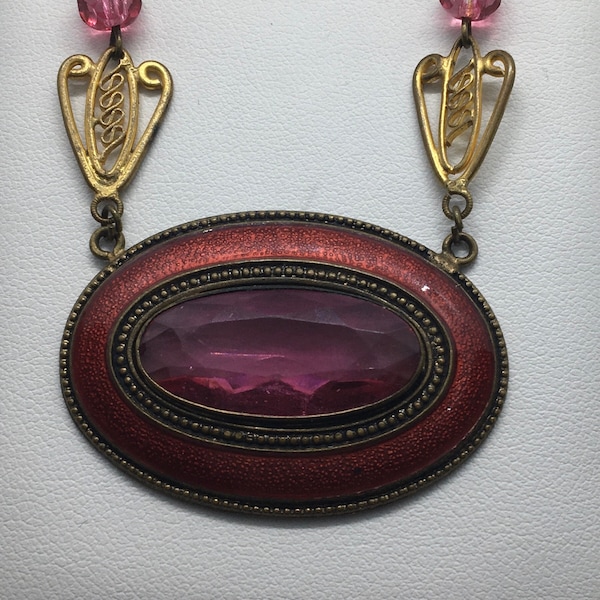 Antique Jewelry Czech Slovakia huge enamel & pink crystal necklace jewelry