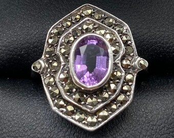 Vintage Art Deco Ring, Sterling Silver Amethyst & Marcasite Ring Size 6.75