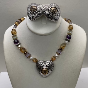 Vintage Robert Shields Signed Sterling Heart Shape Moon Necklace & Earring Set
