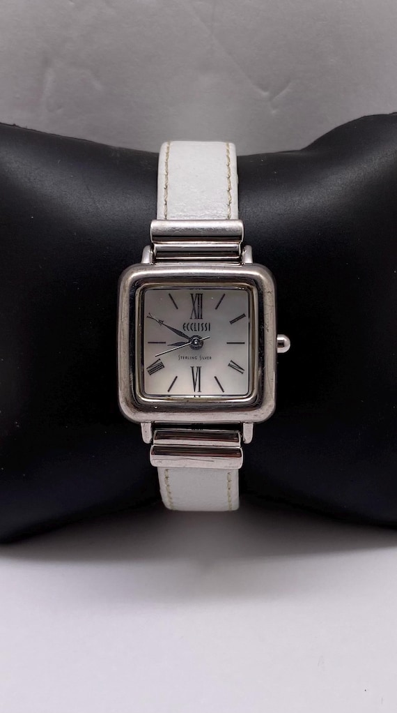 Vintage Ecclissi Watch Sterling Silver White Leather Band 