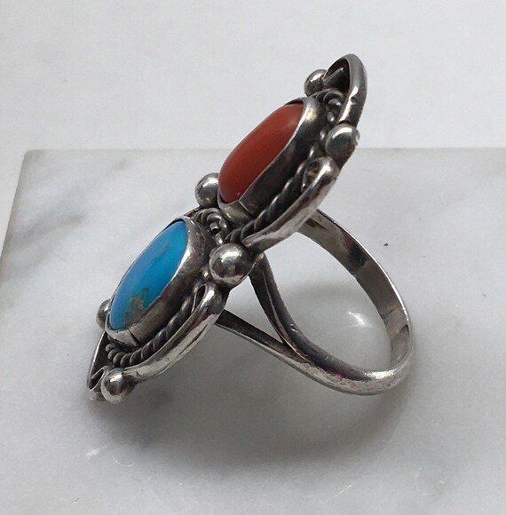 Old Pawn Sterling Silver Native Turquoise & Coral… - image 4