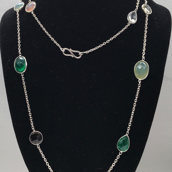 Vintage Sterling Multi Gemstone Station Necklace