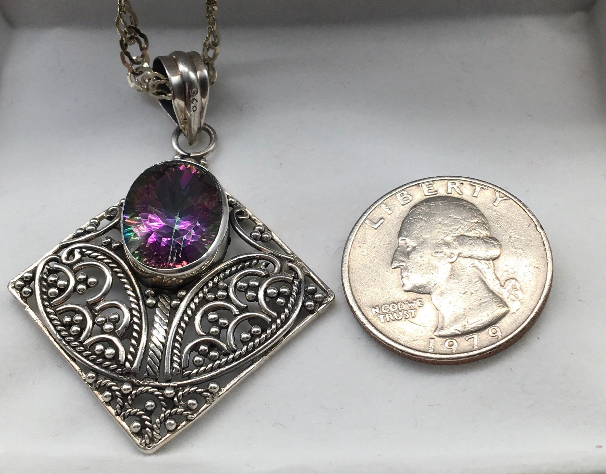Vintage Mystic Topaz Pendant Necklace Sterling Silver