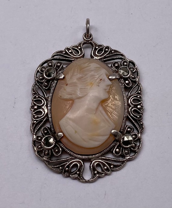 Pendentif Ancien Camée En Argent Massif Et Marcassites - Occasion - Bijou Vintage