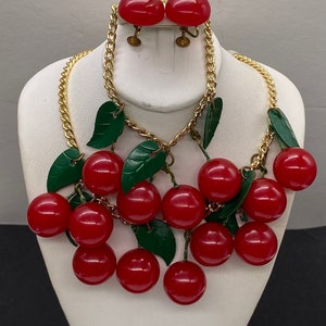 Antique Cherry Red Bakelite Cherries Hanging Necklace, Bracelet & Matching Earring Set