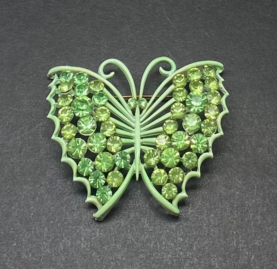 Vintage Green Butterfly Brooch with Rhinestone Cr… - image 1