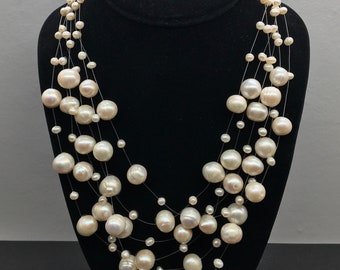 Vintage Jewelry Multi Strand Floating Pearls Necklace