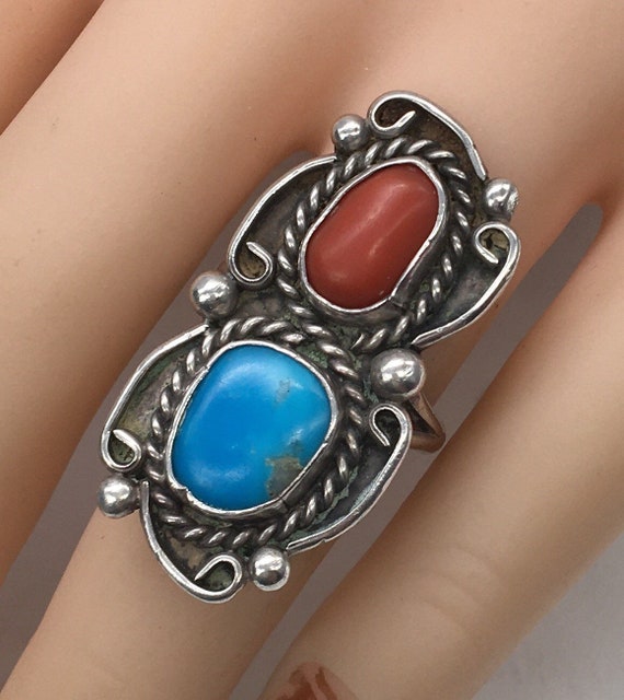 Old Pawn Sterling Silver Native Turquoise & Coral… - image 1