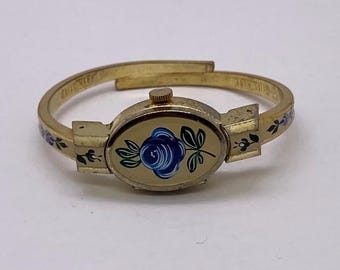 Orologio vintage Peek-A- Boo con bracciale rigido in smalto floreale, orologio meccanico da donna