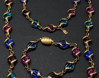 Vintage Art Deco Signed Rare Swarovski Multi Color Crystal Twisted Gold Plated Necklace & Matching Bracelet Set