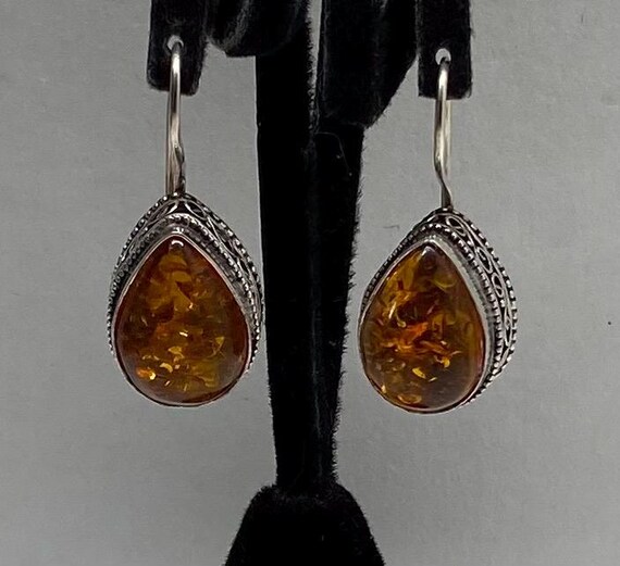 Orecchini Pendenti In Argento Sterling Con Ambra Baltica Art Deco - Design Unico, Ipoallergenici