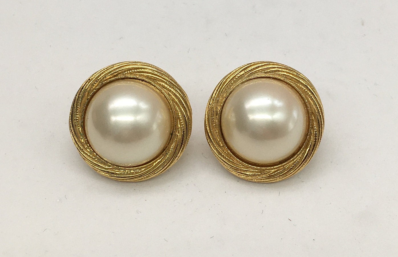 Trifari Gold Tone Large Faux Pearl Button Earrings Vintage 
