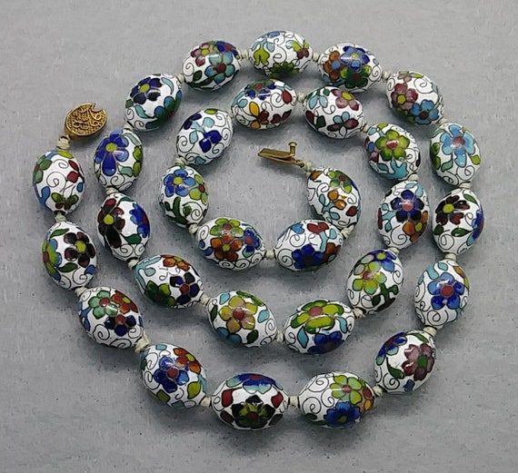 Cloisonne Blue Beads Necklace Floral Asian Vintage Necklace Cloisonne Beads Assorted