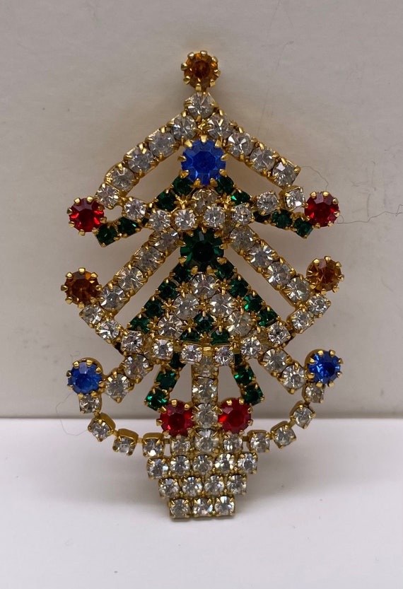 Vintage Christmas Tree Brooch with Multi Color Rh… - image 2