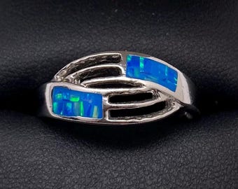 Anillo de ópalo azul de plata de ley vintage, talla 9.5