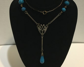 Antique Jewelry Art Deco Czech blue lariat necklace